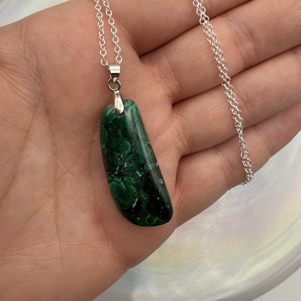 Malachite Pendant Necklace Green Gemstone Silver Chain Jewelry‎ Women